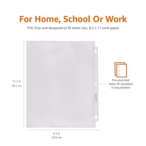 Amazon Basics Sheet Protectors for 3 Ring Binder, Heavyweight, Polypropylene, Top Loading, Letter Size, 8.5 x 11 Inch, 200-Pack, Clear