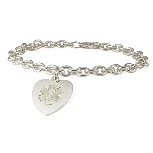 Sterling Silver Heart Charm Embossed Medical ID Bracelet (8 Inch)