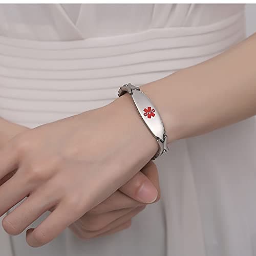 LinnaLove 7 1/2 inch Medical Alert Bracelets for women Stainless Steel Fashion Medical Bracelets Personalized Engraving blood thinner (STEEL)