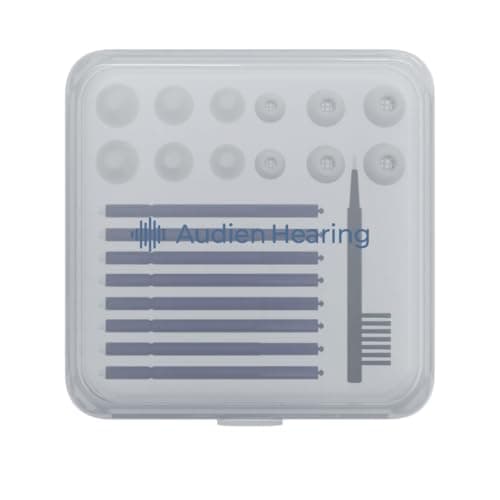 Audien Hearing Aid Wax Guard Kit – Compatible with Audien Atom X and Atom Pro 2 Hearing Aids - Includes Protective Case, 12 Replacement Earbuds, 8 Wax Guards, Cleaning Brush with Screwdriver