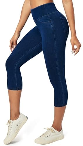 Heathyoga Capri Jeans for Women Stretchy Pull On Jeggings for Women Denim Jean Capris Pants Capri Leggings with Pockets Dark Blue