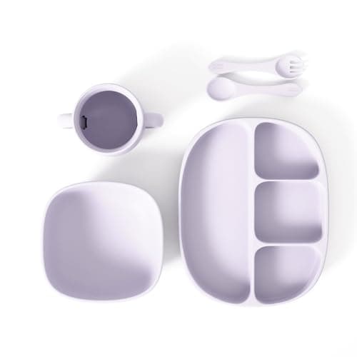 Baby Dinnerware Set by Muqee Peeko in a Sweet Lilac Color including Sets with Suction - Food Grade Silicone (5 Piece Set)