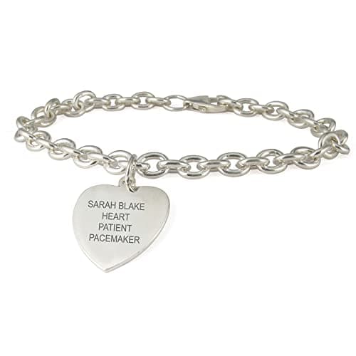 Sterling Silver Heart Charm Embossed Medical ID Bracelet (8 Inch)