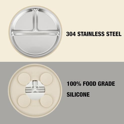 PandaEar 3 Pack Stainless Steel Baby Suction Plates, Divided Toddler Plate for Baby Led Weaning Supplies, Non-Slip Toddler Baby Feeding Set Dishwasher Safe (Blue/Green/Brown)