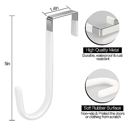 4 Pack Over The Door Hooks, Fits Doors Less Than 1.4in Thick, White Rubber Surface Prevent Scratch Door Hanger Hooks for Bathroom, Living Room, Kitchen, Hanging Clothes, Towels, Bags