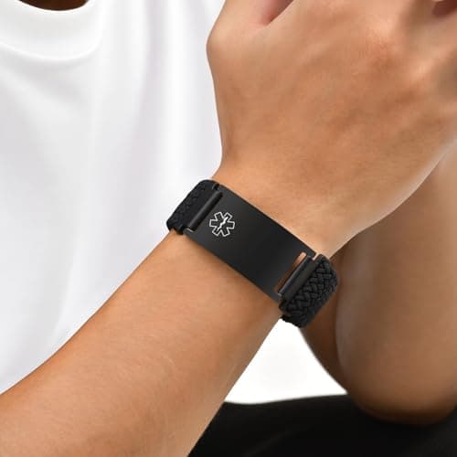 VNOX Medical Alert Id Bracelet for Men Women, Custom Engraving Elastic Braided Stretchy Loop Emergency Survival Medic Bracelets Wristband Loop Band with Replacement Tag,Black