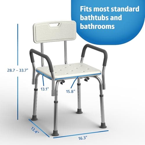 Medline Shower Chair Seat with Padded Armrests and Back | Heavy Duty Shower Chair for Bathtub | Slip Resistant Shower Seat with Adjustable Height | Shower Chair for Inside Shower with 350 lb Capacity