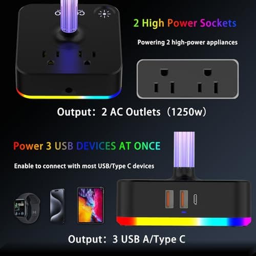 cozoo RGB Headphone Stand with Charger 3 USB Ports and 2 AC Outlets,2 USB-A 1 Type C,Desk Gaming Headset Holder with 9 Light Modes,PC Gaming Desk Accessories,Gamer Gifts,RGB Gaming Stuff Headset Stand