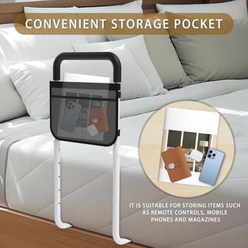 OCBAiLi Bed Rails for Elderly Adults Safety, Bed Handle Bedside Assist, Adult Bed Rails for Seniors, Adjustable Bed Bar with Storage Pocket & Fixing Strap, Bed Cane Fits Twin, Queen, Full, King Bed