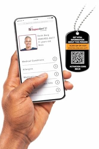 Dynotag SuperAlert™ Medical Alert Pendant for Men & Women | Smart Medical ID with Detailed Online Profile | Military Style Steel Medical ID + Silicone Frame with Detailed Online Profile, with Lifetime Subscription