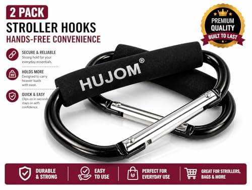 Stroller Hooks 2 Pcs Large Carabiner Clips for Hanging Diaper Bags, Purse Grocery, and Shopping Bags. Heavy Duty Universal Climbing Clips Best Mommy Accessories for Outdoor, Camping and Hiking.