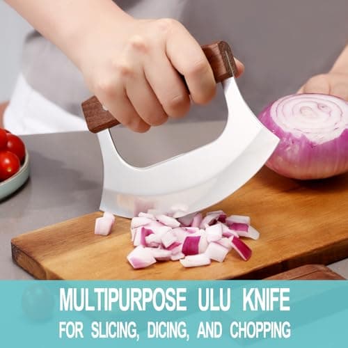 Coowolf Ulu Knife - Sharp Rocker Mezzaluna Knife with Stand for Cutter Pizza, Meat, Vegetables, Herb, Salad, Stainless Steel Blade, Walnut Wood Handle, Kitchen Essentials Accessories and Gadgets Tools