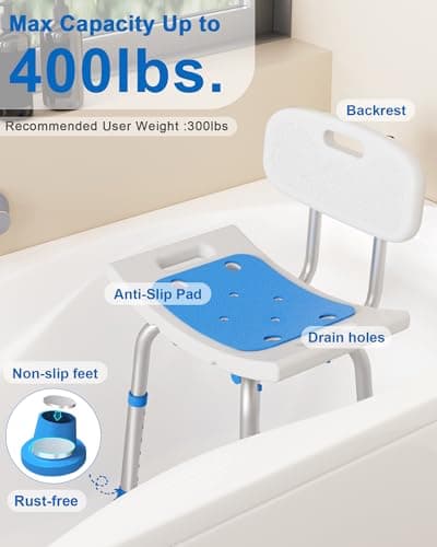 HOMLAND Shower Chair for Inside Shower with Removable Back, 400 lbs Heavy Duty Bath Seat for Bathtub, Safety Bath Stool for Seniors and Disabled