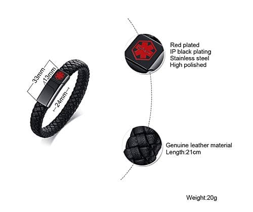 MEALGUET BLOOD THINNER Braided Genuine Leather Medical ID Wristband Mens Medical Alert Leather Bracelet with Stainless Steel Clasp