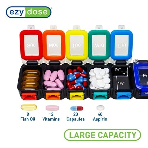 EZY DOSE Weekly (7-Day) Daily Pill Planner, Medicine Case, Vitamin Organizer Container, Waterproof Locking Compartments to Secure Prescription Medication and Prevent Accidental Spilling, Rainbow
