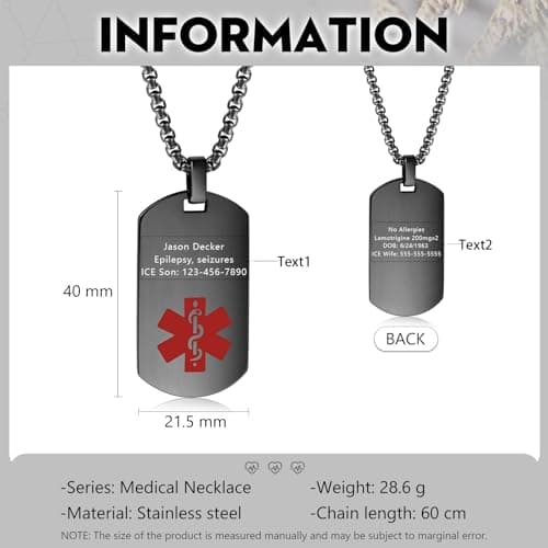 Edgahisme Medical Alert Pendant Necklace for Men Women Custom Engraved Name ID Tag Stainless Steel Necklace Emergency Med Alert Necklace Medical Alert Jewelry (Black)