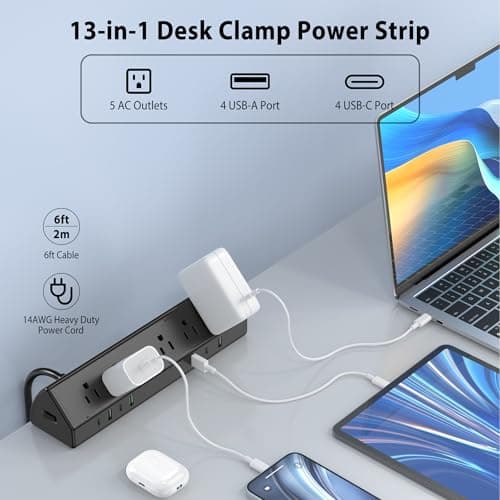 Jgstkcity Desk Clamp Power Strip,45W Fast Charging Station,4 USB-C,4 USB-A,Desk Mount Surge Protector,1875W Extension Cord with Multiple Outlets,ETL Listed,for Home Office Dorm Room