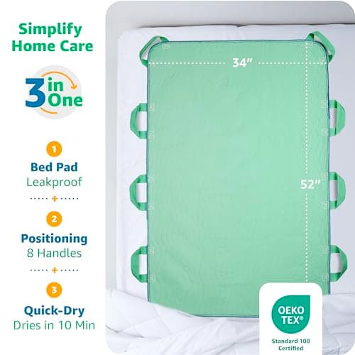 Improvia Positioning Bed Pad, with 8 Reinforced Handles, Quick-Drying, Washable, Waterproof, for Lifting, Turning, Transfering, Elderly and Incontinence Patients (Green, 34" x 52" - Pack of 1)