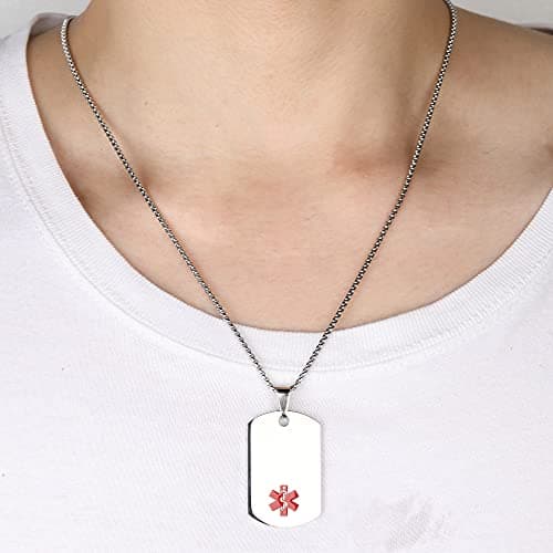 UNICGIFT Medical Alert Necklace Free Custom Engraving Personalized Gift Silver Polished Stainless Steel ID Tag Pendant for Men Women