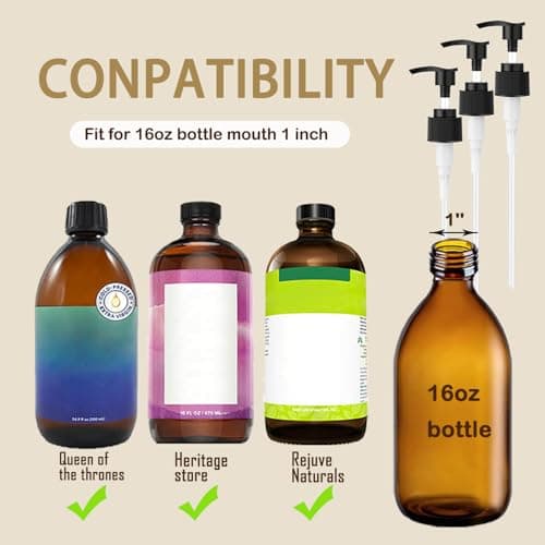 Oxyooh 3 Pack Castor Oil Pump Dispenser for 16oz Glass Bottles, Compatible with Queen of the Thrones & Heritage Store, Includes Mascara Tubes & Funnel (Oil Not Included)