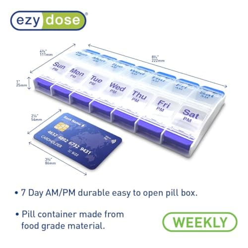 EZY DOSE Push Button (7-Day) Pill Case, Medicine Planner, Daily Vitamin Organizer, 2 Times a Day AM/PM, X-Large Compartments, Arthritis Friendly, Easy to use, Clear Lids, Purple and Blue, BPA Free