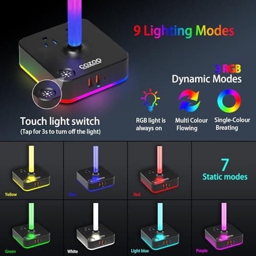 cozoo RGB Headphone Stand with Charger 3 USB Ports and 2 AC Outlets,2 USB-A 1 Type C,Desk Gaming Headset Holder with 9 Light Modes,PC Gaming Desk Accessories,Gamer Gifts,RGB Gaming Stuff Headset Stand