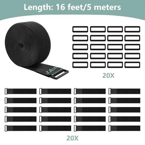 WSZJINB 1.5In x 16Ft Cinch Straps Heavy Duty With 20 Buckles, Black Nylon Hook and Loop Straps, Reusable Long Cable Ties for Organizer or Storage