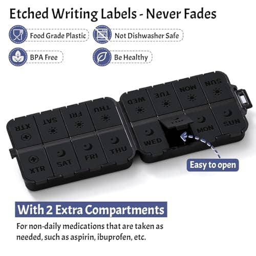 Foldable & Portable Pill Organizer 2 Times A Day with Extra Compartments - Etched Labels - Weekly 7 Day AM PM Medicine Box, Week Daily Travel Pill Case Holder Dispenser for Vitamin, Supplement - Black