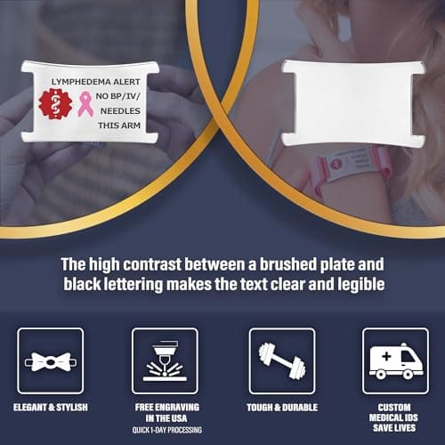 Divoti Lymphedema Medical Alert Bracelet for Women - Custom Engraved Stainless Steel ID Band - Alert: NO BP/IV/Needles This Arm - Medical Jewelry for Post-Mastectomy Care |9"
