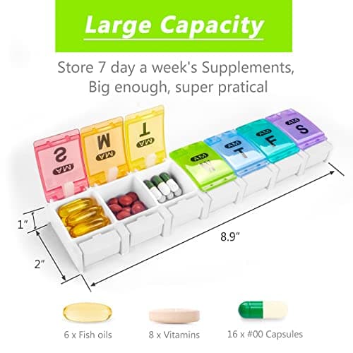 Extra Large Weekly Pill Organizer 2 Times a Day - Remtise Am/Pm Daily Pill Case Medicine Organizer, Push Button 7 Day Pill Box for Pills/Vitamin/Cod Liver Oil/Supplements (Rainbow)