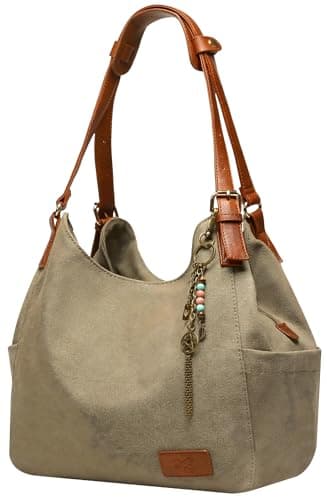 Worldlyda Women Canvas Hobo Purse Multi Pocket Tote Shopper Shoulder Bag Casual Top Handle handbag with Embroidery Ethnic BE06Army Green