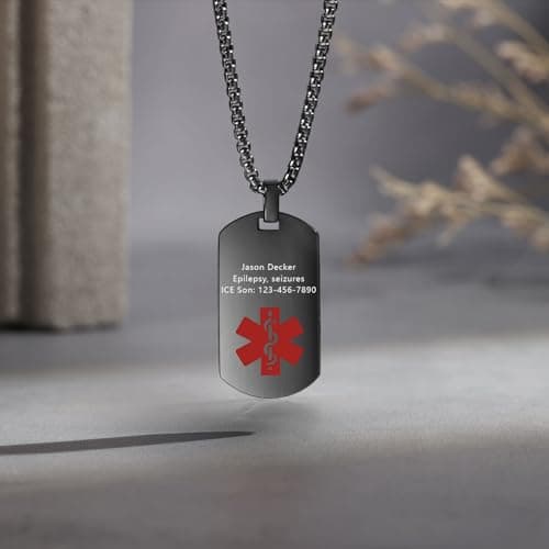 Edgahisme Medical Alert Pendant Necklace for Men Women Custom Engraved Name ID Tag Stainless Steel Necklace Emergency Med Alert Necklace Medical Alert Jewelry (Black)