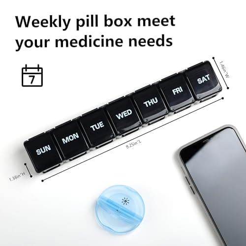 Sukuos Extra Large Weekly Pill Organizer, 7 Day Daily Pill Box Case Easy to Open, Silkscreen Printed Medicine Container with Clear Lid for Vitamins, Fish Oils or Supplements