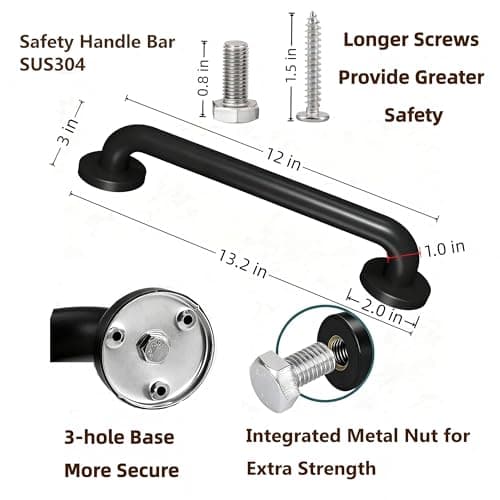 12 Inch Black Stainless Steel Handrail, Safety Grab Bars for Wall, Handicap Grab Bars for Bathroom, Shower, Toilet, RV Handrail, Hand Rails for Indoor Stairs, Stair Railing Indoor & Outdoor (2 Pack)