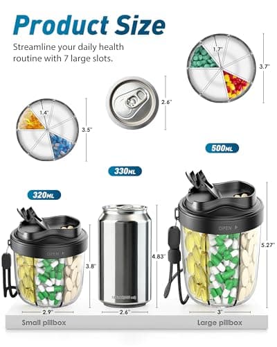 Large Pill Organizer with 7 Large Compartments - Portable Pill Dispenser for Travel, Anti-Mix Design & Wide Opening Design, Easy Access to Vitamin Dispenser, Includes 20 Blank Stickers (Black)