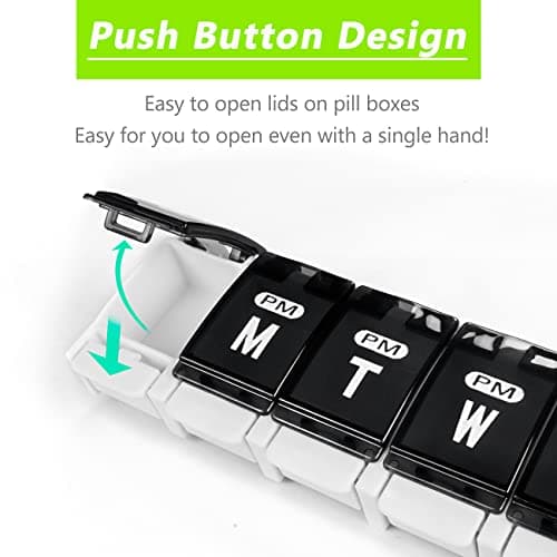Extra Large Weekly Pill Organizer 2 Times a Day - Remtise Am/Pm Daily Pill Case Medicine Organizer, Push Button 7 Day Pill Box for Pills/Vitamin/Cod Liver Oil/Supplements (Black & White)