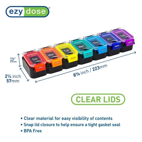 EZY DOSE Weekly (7-Day) Daily Pill Planner, Medicine Case, Vitamin Organizer Container, Waterproof Locking Compartments to Secure Prescription Medication and Prevent Accidental Spilling, Rainbow