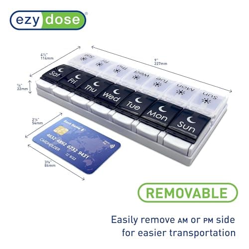 EZY DOSE Push Button (7-Day) Pill Case, Medicine Planner, Vitamin Organizer, 2 Times a Day AM/PM, Removable Trays, Large Compartments, Arthritis Friendly, Spring Open Black and White Lids, BPA Free