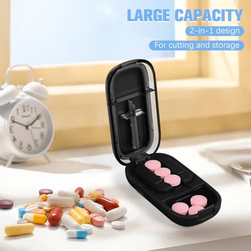 Pill Cutter Splitter for Small and Tiny Pills, Larger Pills, Adjustable 1/2 1/4 Splitter with Improved Sharp Blade, Accurate Centering Alignment Device (Black)