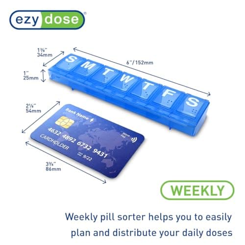 EZY DOSE Weekly (7-Day) Pill Planner, Medicine Case, Vitamin Organizer Box, Large Locking Compartments to Secure Prescription Medication and Prevent Accidental Spilling, Blue