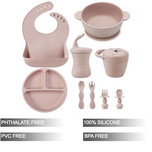 PandaEar Silicone Baby Feeding Set | 9PCS Baby Led Weaning Supplies Self Feeding Utensils | Divided Suction Plate Bowl Bibs Sippy Cup with Baby Snack Container Spoons Forks (Pink)