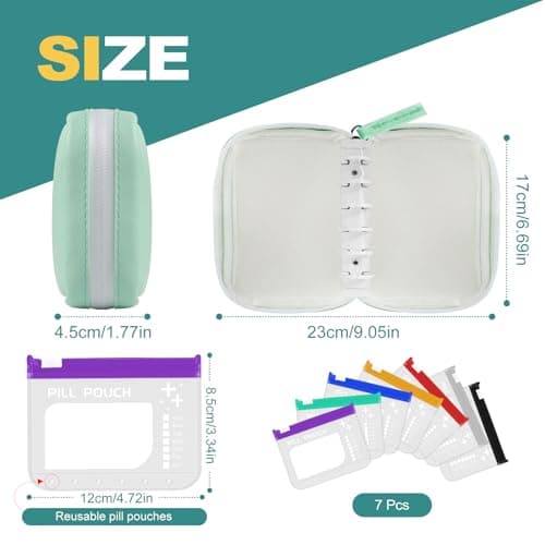 Timueetech A7 Waterproof Pill Organizer with 7 PCS L Size Zippered Pill Pouches for A7 Binder, Large BPA-Free Weekly Medicine Organizer, Color-Coded Reusable Travel Pill Storage System