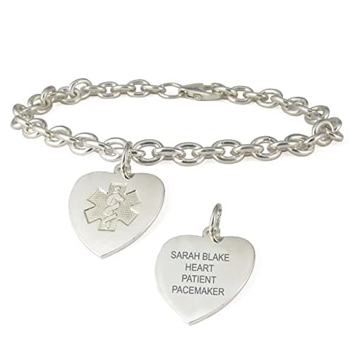 Sterling Silver Heart Charm Embossed Medical ID Bracelet (8 Inch)
