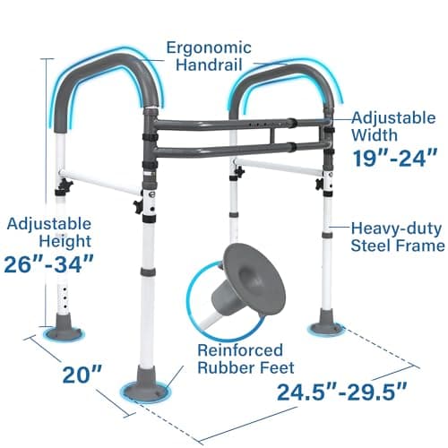 Vaunn Medical Adjustable Toilet Safety Rail for Seniors, Foldable Toilet Safety Frame for Elderly Adults, Bathroom Grab Bar Handle, Toilet Handle for Elderly & Disabled, Free-Standing (Gray)
