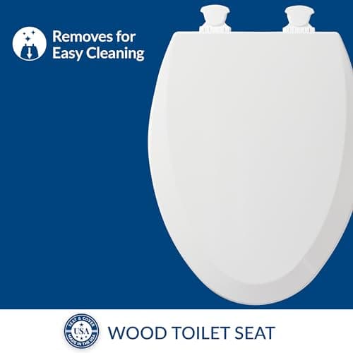 Bemis 1500EC Durable Wooden Toilet Seat, Easy Clean Hinges, Made in USA, Elongated, White