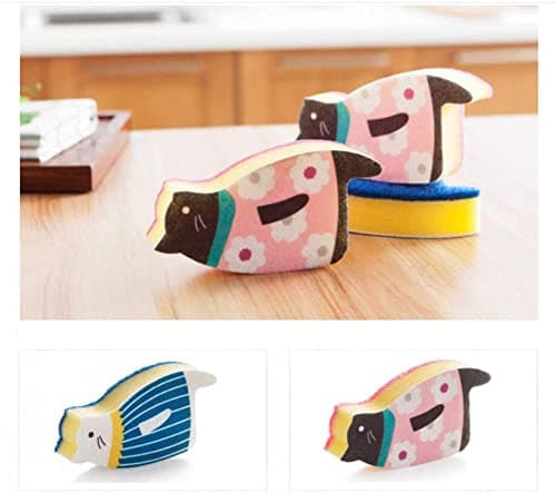Sink Cat Dish Sponge Scrubber for Washing Dishes Dishwashing Cloth Scrubber Pack of 4 (BluePink Set)