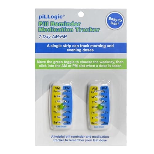 Pill Reminder Medication Tracker 2PK Single Strip can Track Morning and Evening doses. Use on Prescription vials, Pill Bottles, Vitamins, pet Medicine Flat or Curved Surfaces
