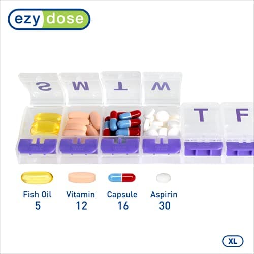 EZY DOSE Weekly (7-Day) Pill Case, Medicine Planner, Daily Vitamin Organizer Box, X-Large Push-Button Compartments, Convenient and Easy to Use, Arthritis Friendly, Clear Lids, Color May Vary, BPA Free