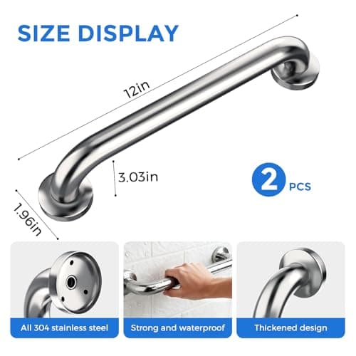 2 Pack Shower Grab Bar, Stainless Steel Bathroom Grab Bar, Shower Handle Bath Handle, Safety Bars for Shower Chair Bench, Grab Bars Senior, Elderly, Handicap(12 Inch)