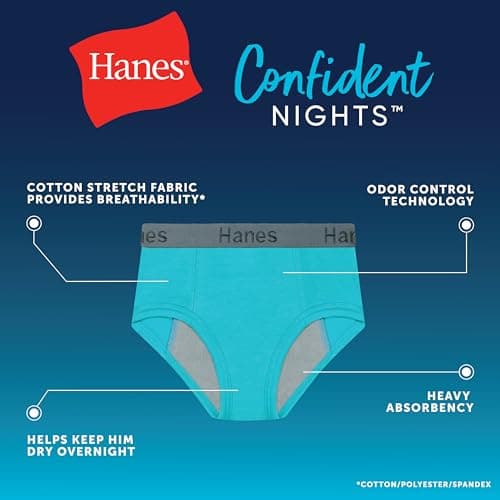 Hanes Boys' Nighttime Underwear Pack, 3-Pack, Confident Nights Boys' Overnight Underwear, Leakproof Kids' Underpants
